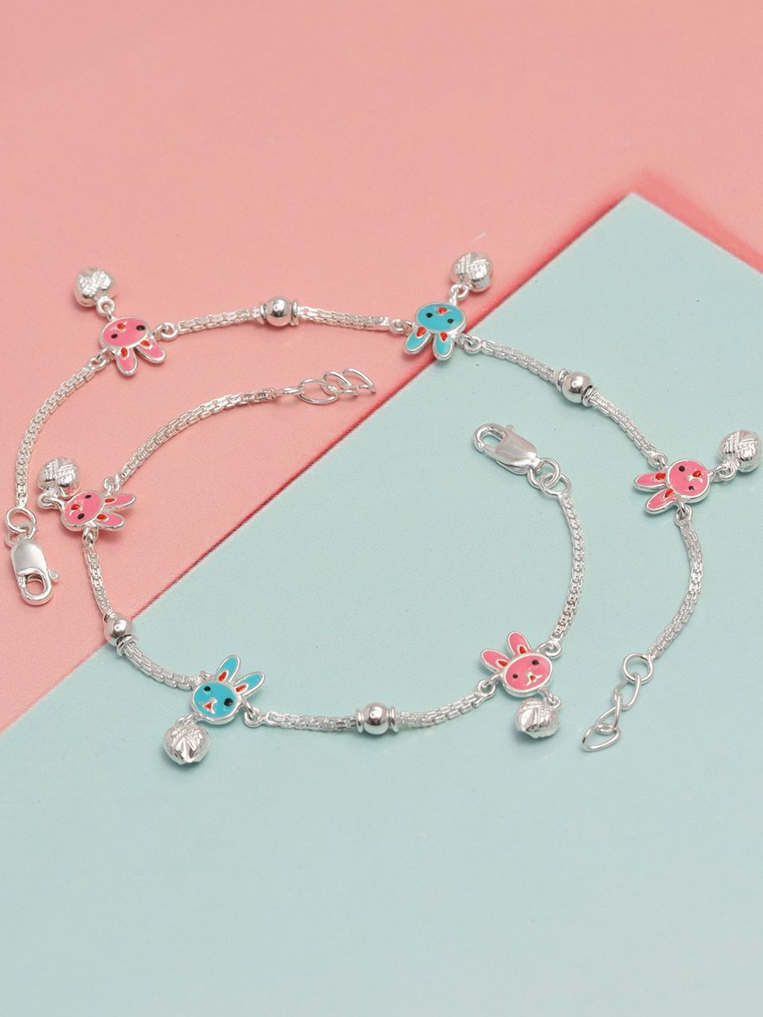 LeCalla Girls 925 Sterling Silver-Plated Rabbit Shaped Enamelled Anklets