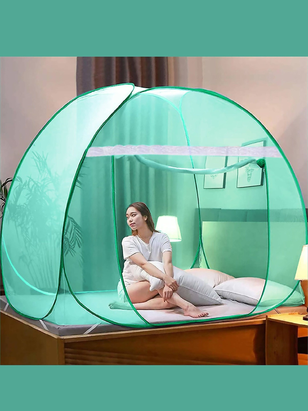 AD-RML Polyester Foldable Net Green & White King Size Tent Mosquito Net