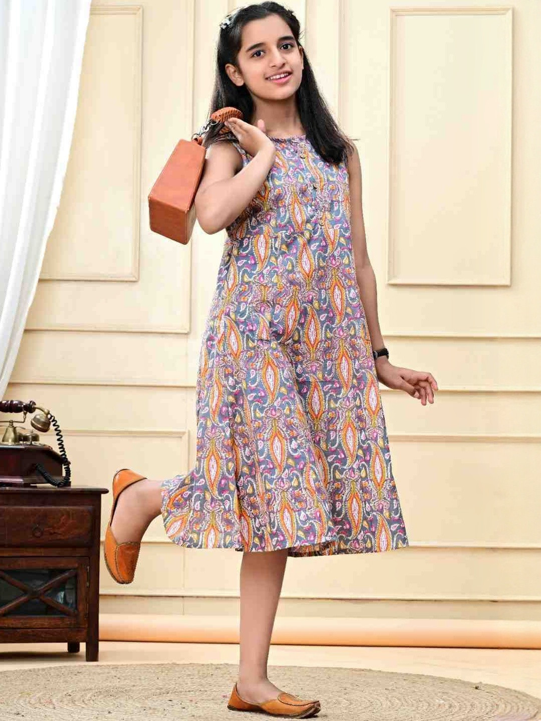 DMP EXPORT Girls Paisley Printed Purple Cotton Dress