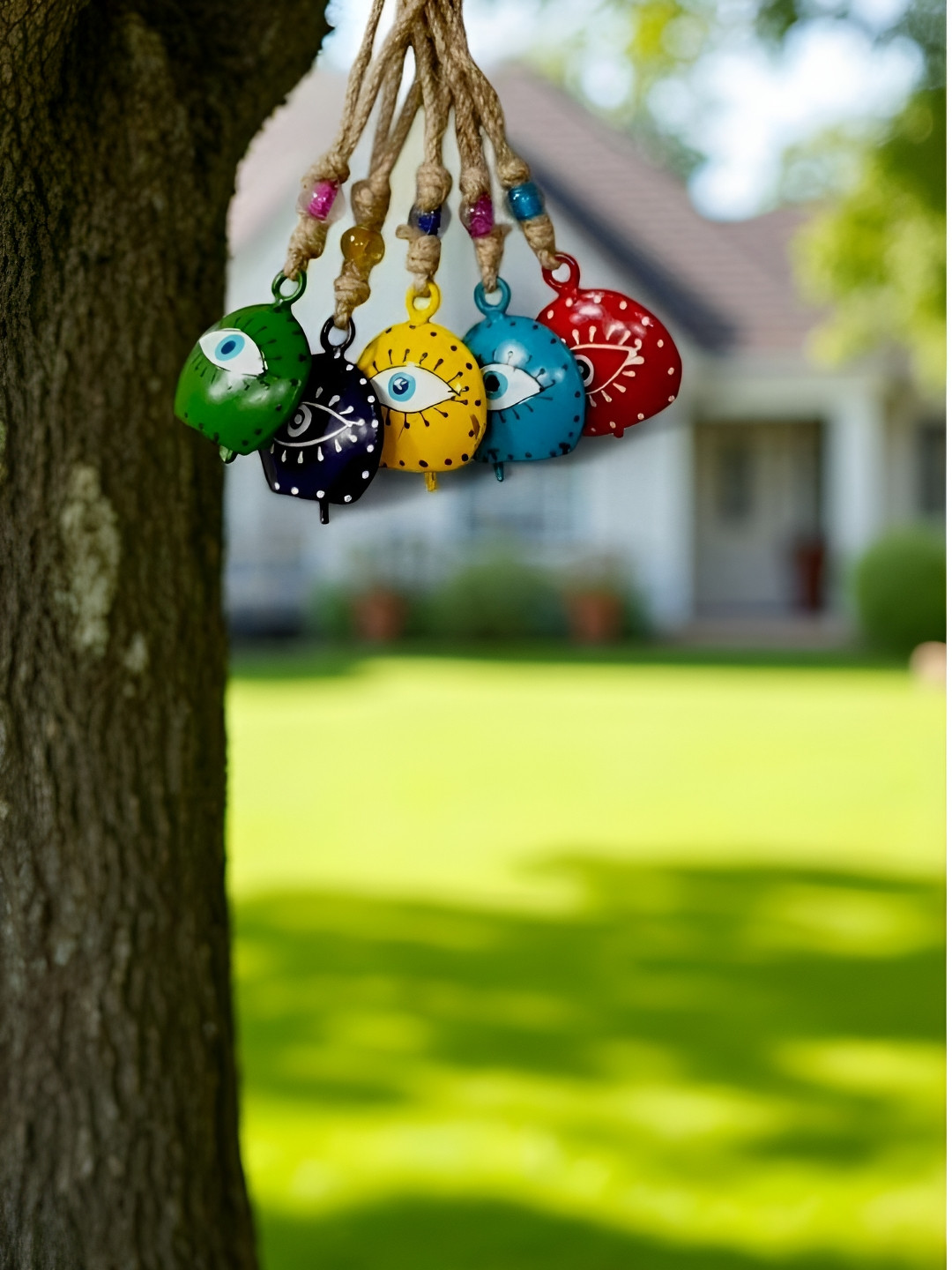 DULI Green & White 5 Pieces Cowbells With Evil Eye Windchimes