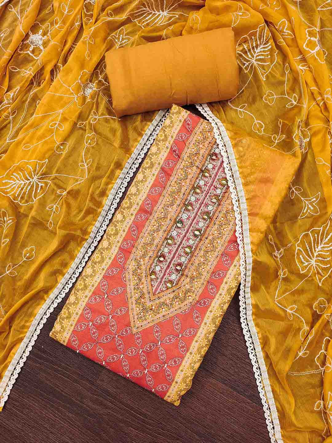 Maroosh Floral Printed Jaam Cotton Beads & Stones Unstitched Dress Material