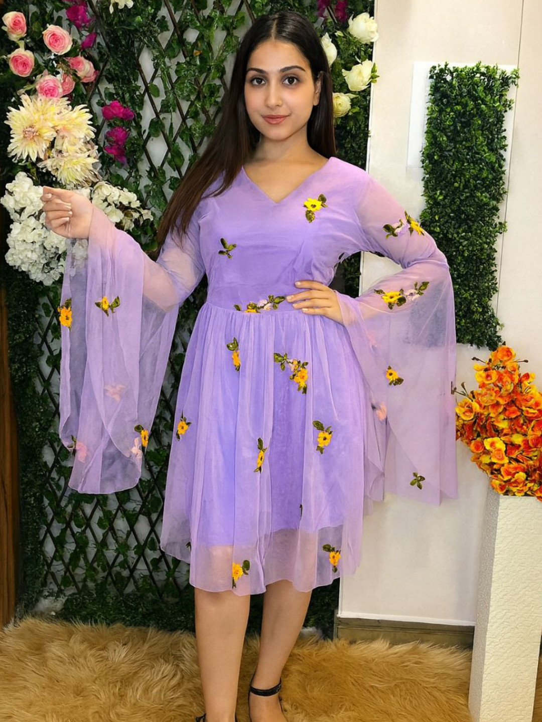 TRENBEE Women Floral Embroidered Flared Sleeves Tulle Fit & Flare Dress