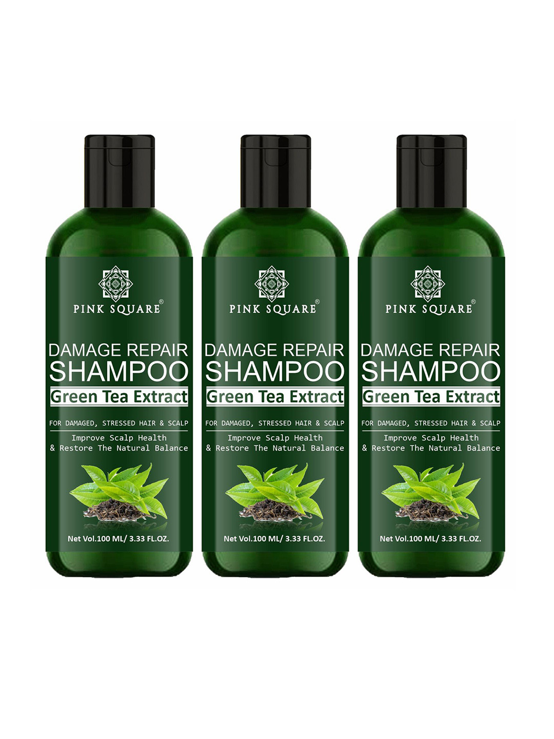 Pink Square Set Of 3 Damage Repair Shampoo With Green Tea Extract- 100 ml Each