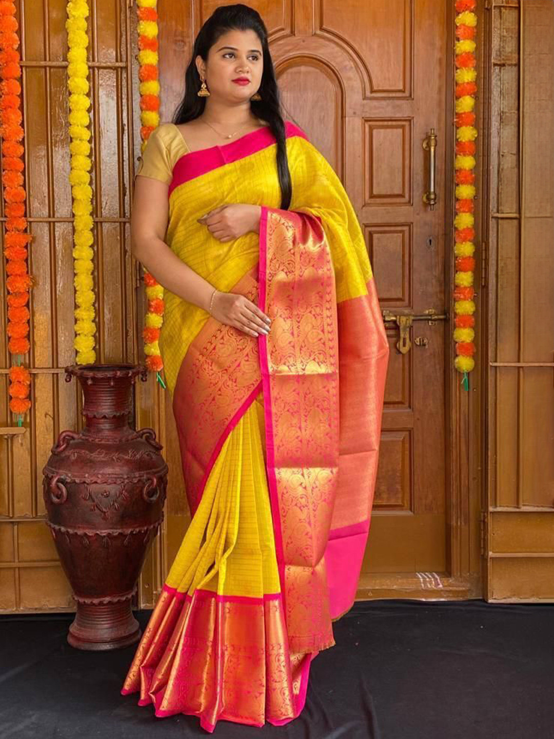 PHEASANT Solid Striped Zari Banarasi Saree With Woven Design Border