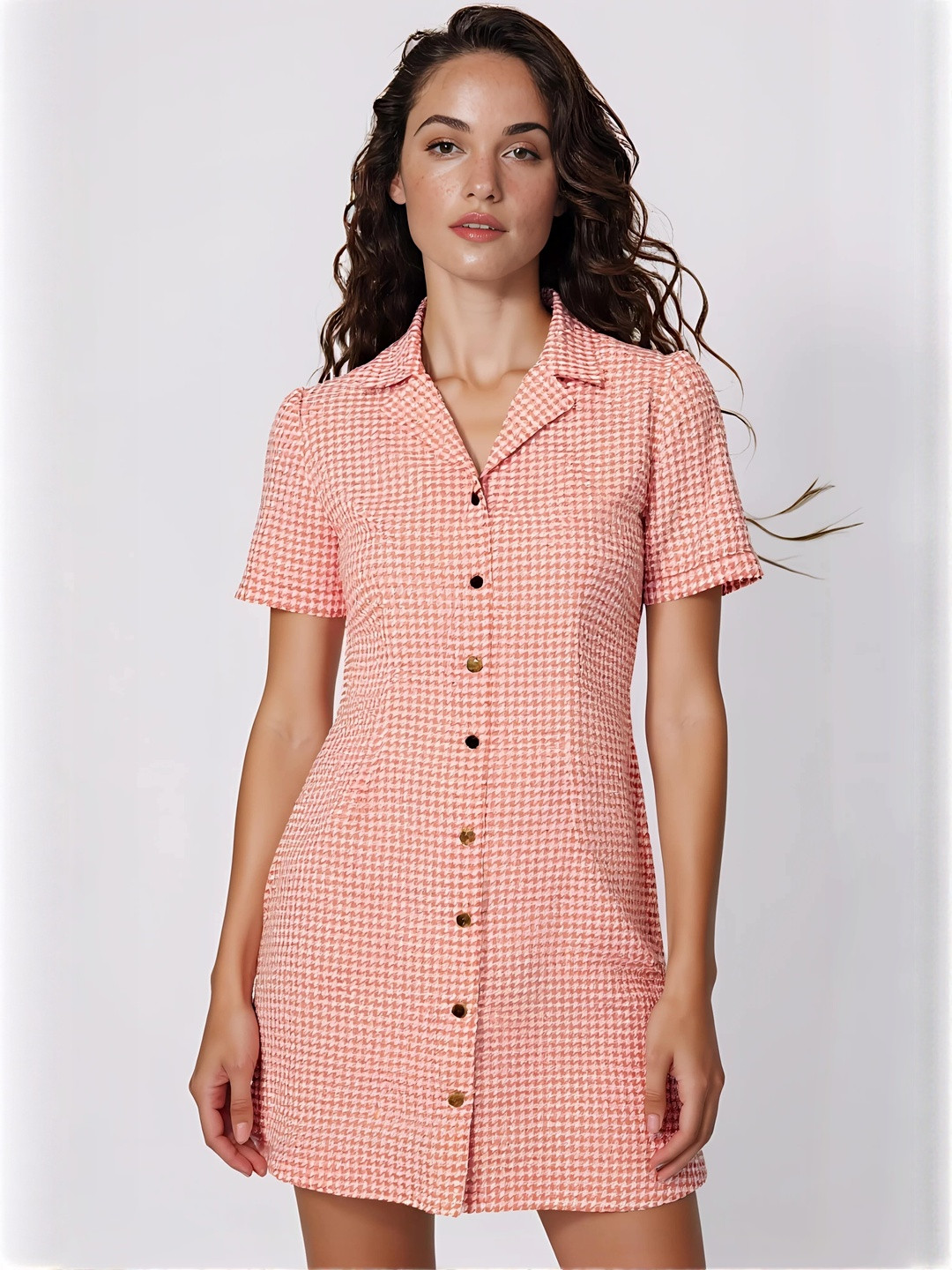 DressBerry Women Houndstooth Button Up Collared Mini Dress