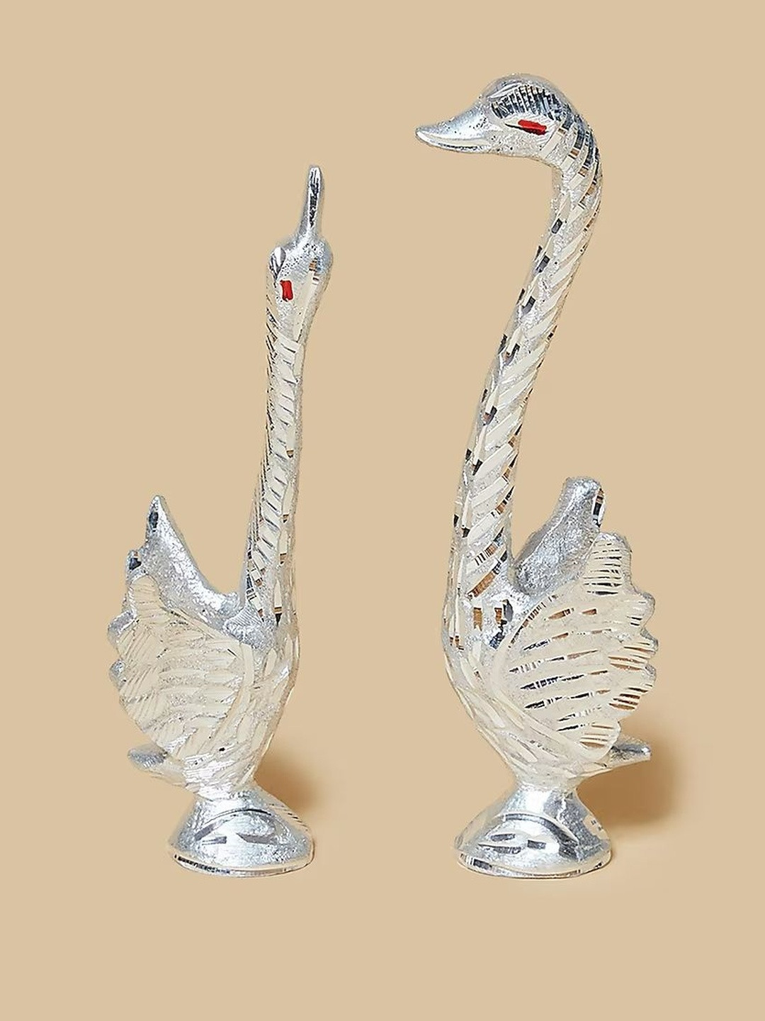 HOME DECOR BY ADITI Set Of 2 Silver Metal Swan Couple With Feather Showpiece