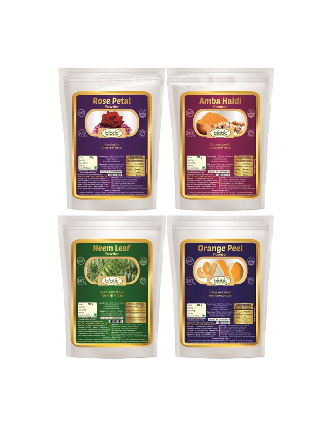 Biotic Set Of 4 Rose Petal- Amba Haldi- Neem Leaf- Orange Peel Powder Face Mask- 100 g
