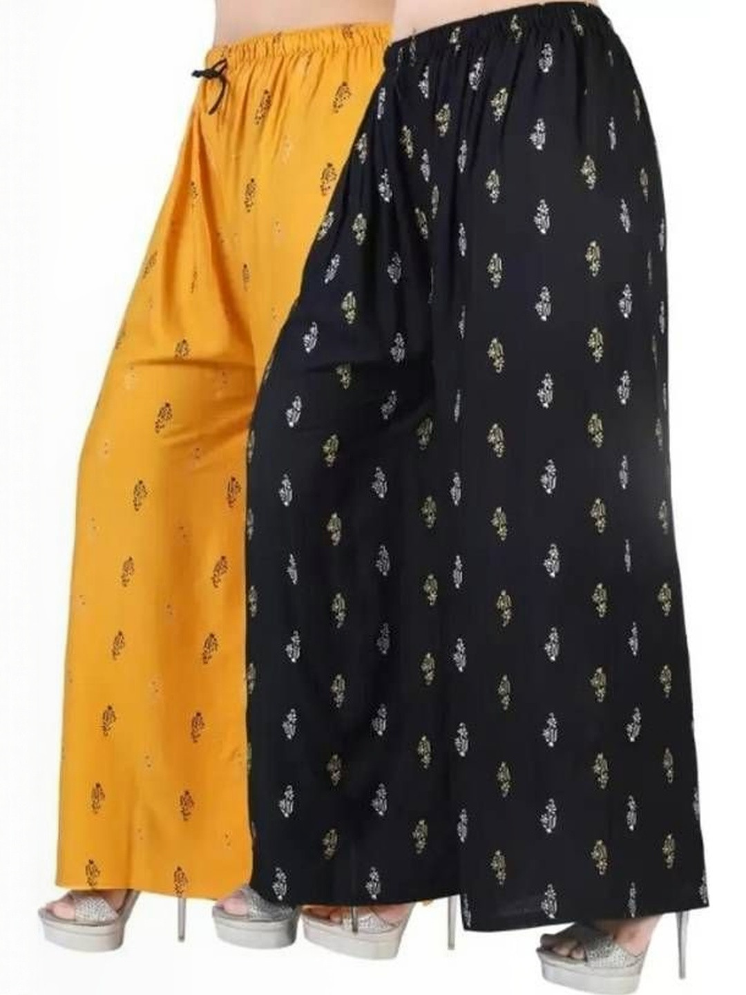 KIROTO Women 2 Pcs Black And Musturd Floral Printed Palazzos