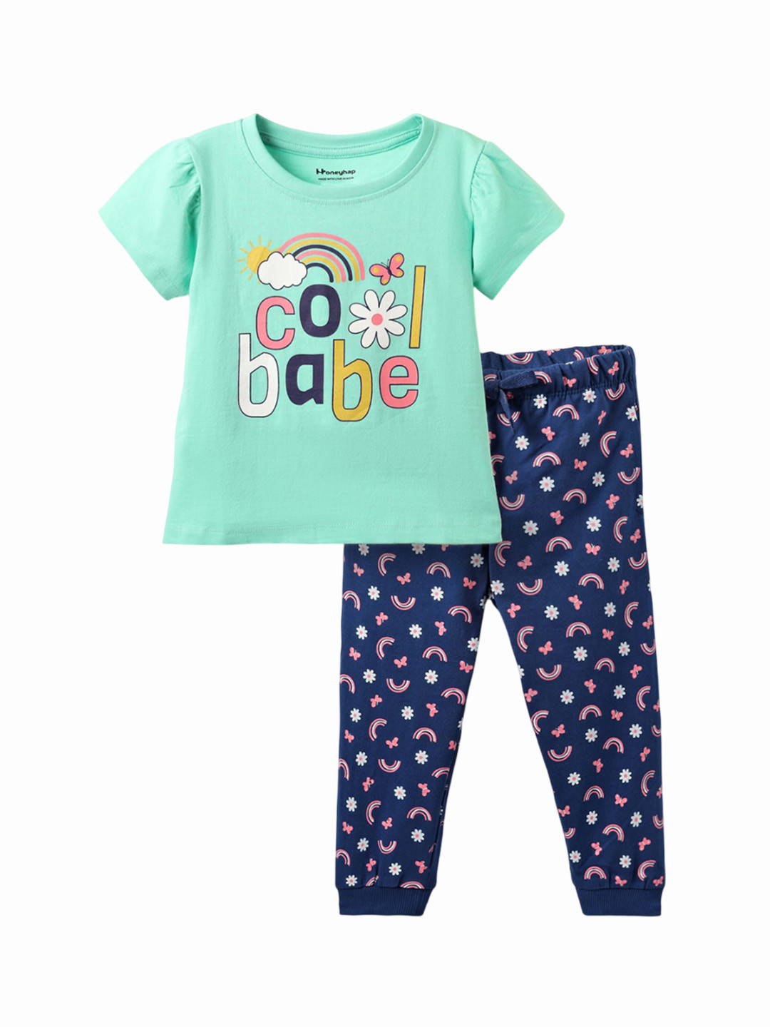 Honeyhap Girls Printed Top & Joggers Type Night Suit