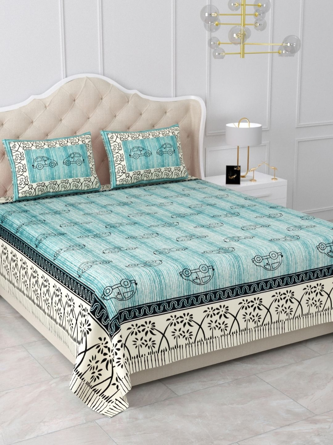 The Craft Monk Green Floral Printed Pure Cotton 240 TC King Bedsheet Set 2.74 m x 2.28 m