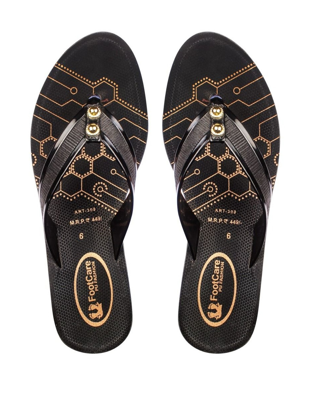 FOOT CARE Women Black & Gold Toned Geometric Pattern PU Comfort Sandals