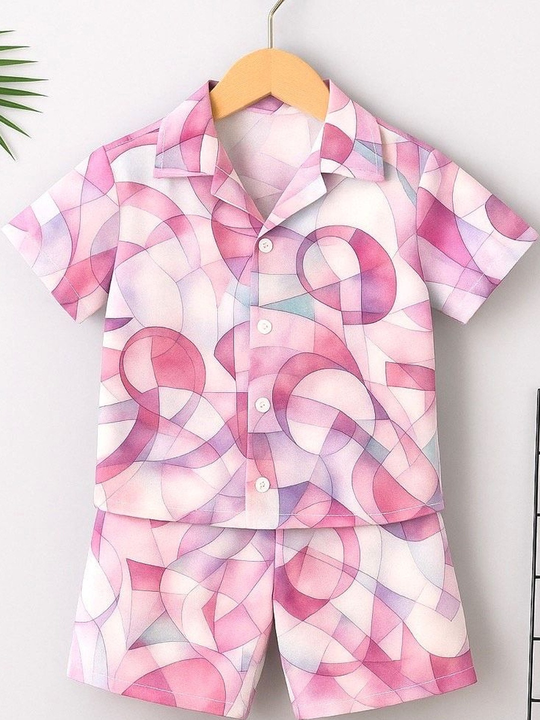 KAVYA FASHION Kids Pink Printed Shirt Collar Cotton Shirt With Shorts