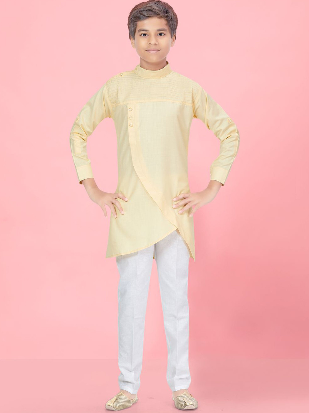 BAESD Boys Solid Yoke Design Mandarin Collar Cotton Ethnic A-Line Kurta Pyjama Set