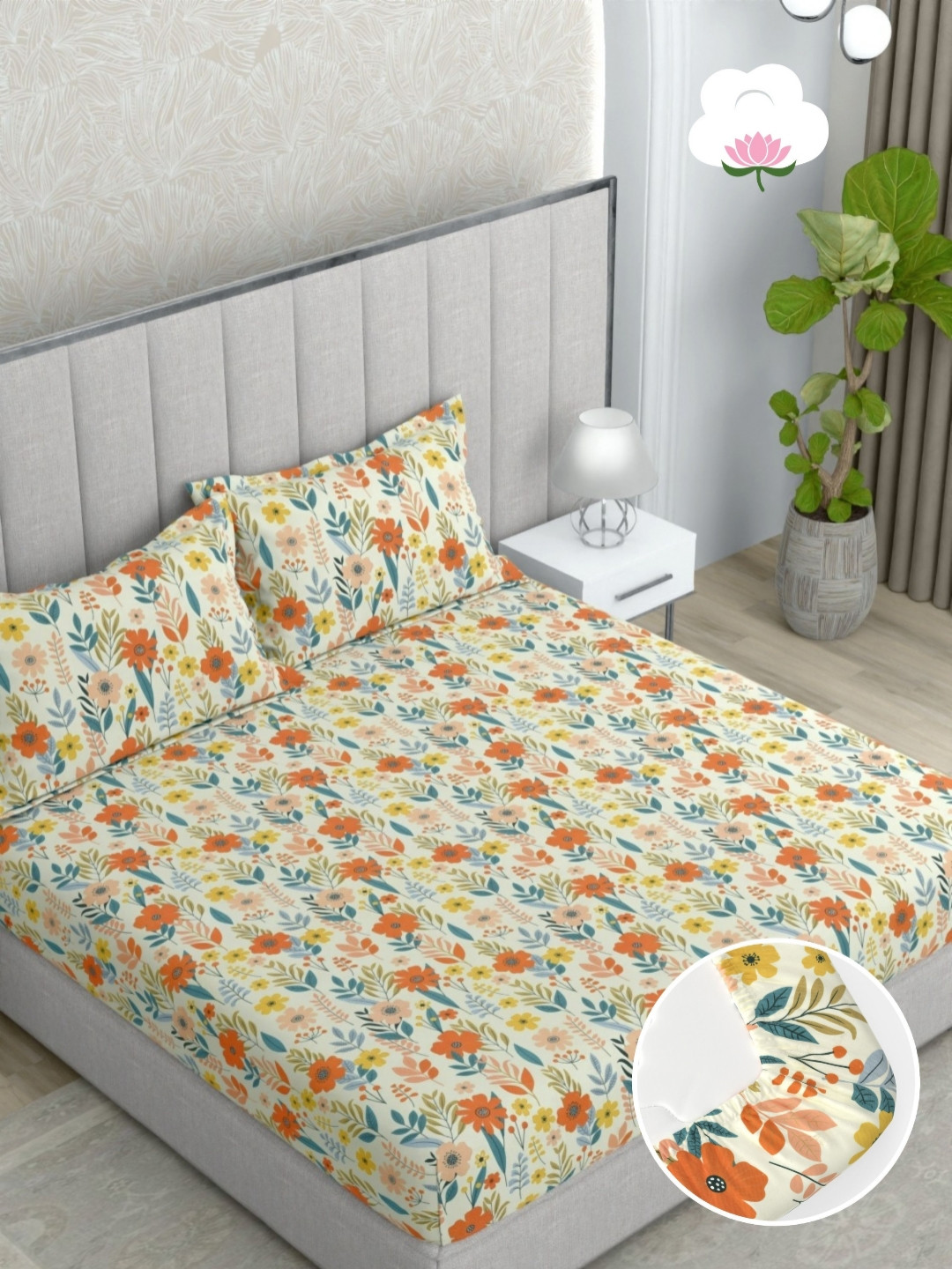 Pure Decor Manor Orange Floral Microfiber 130 TC King Bedsheet Set-1.82mx1.93mx25.4cm