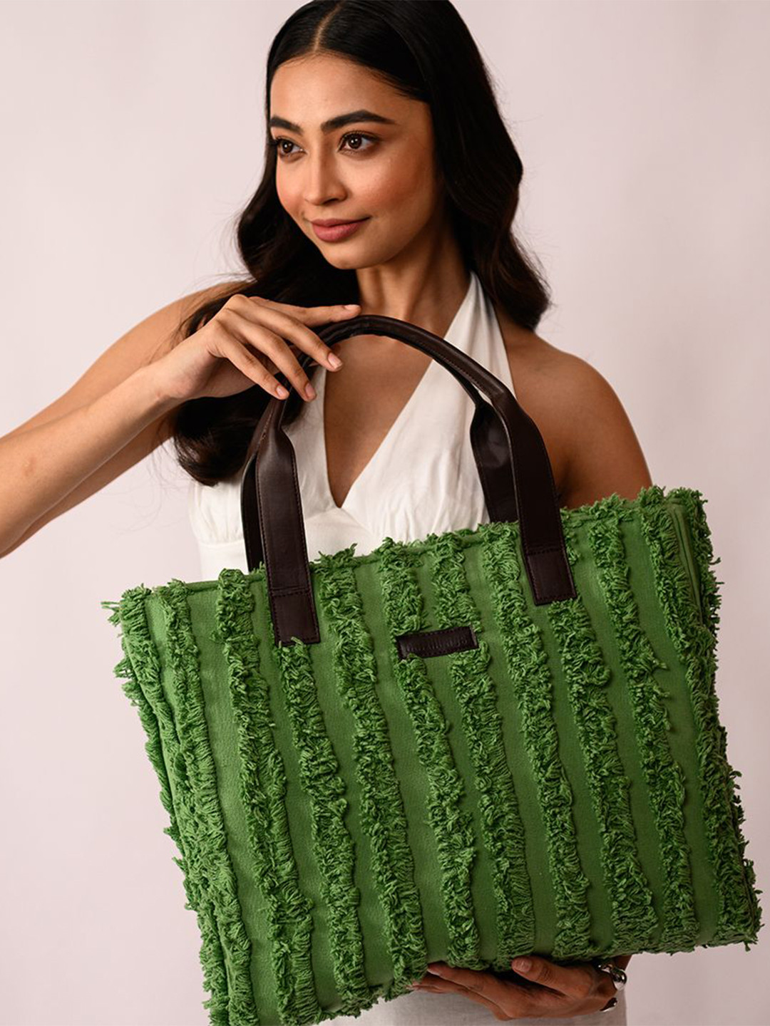 earthbags Textured Structured Tote Bag with Fringed