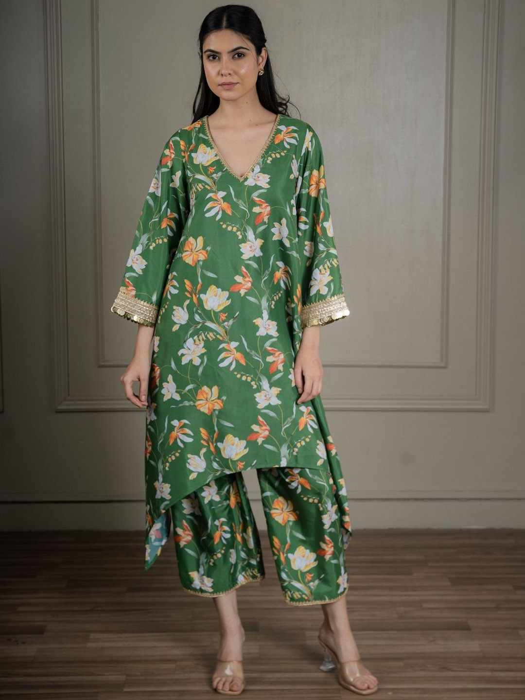 SHOP GULMOHAR Floral Printed A-Line Gotta Patti Kurta With Palazzos