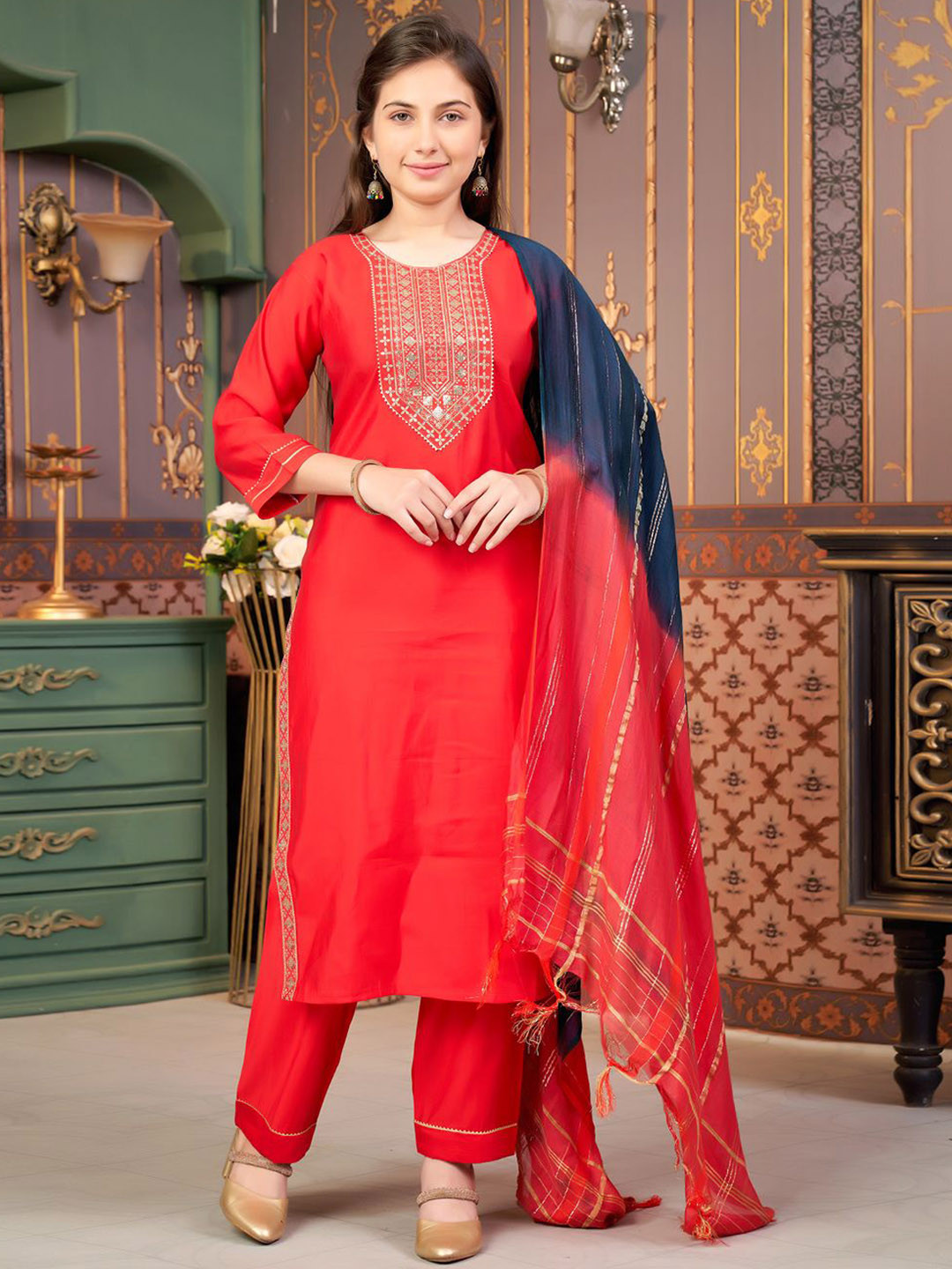 BAESD Girls Sequin Embroidery Kurti & Pant Set