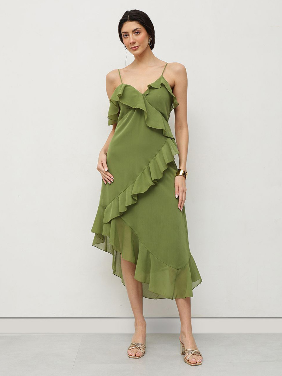 HOUSE OF S Women Shoulder Straps Ruffled Asymmetrical Midi Wrap Dress