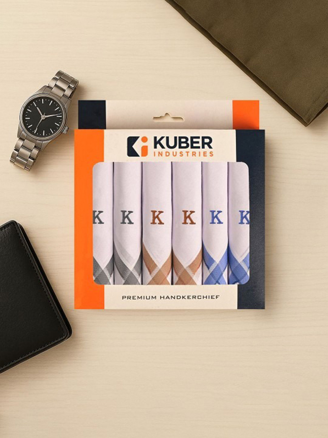 Kuber Industries Pack Of 6 Striped Cotton Letter (K) Embroidery Border Handkerchief