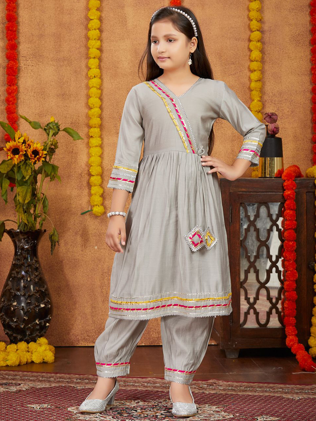 BAESD Kids Girls Art Silk Angrakha V-neck Anarkali Kurta & Harem Pants Set