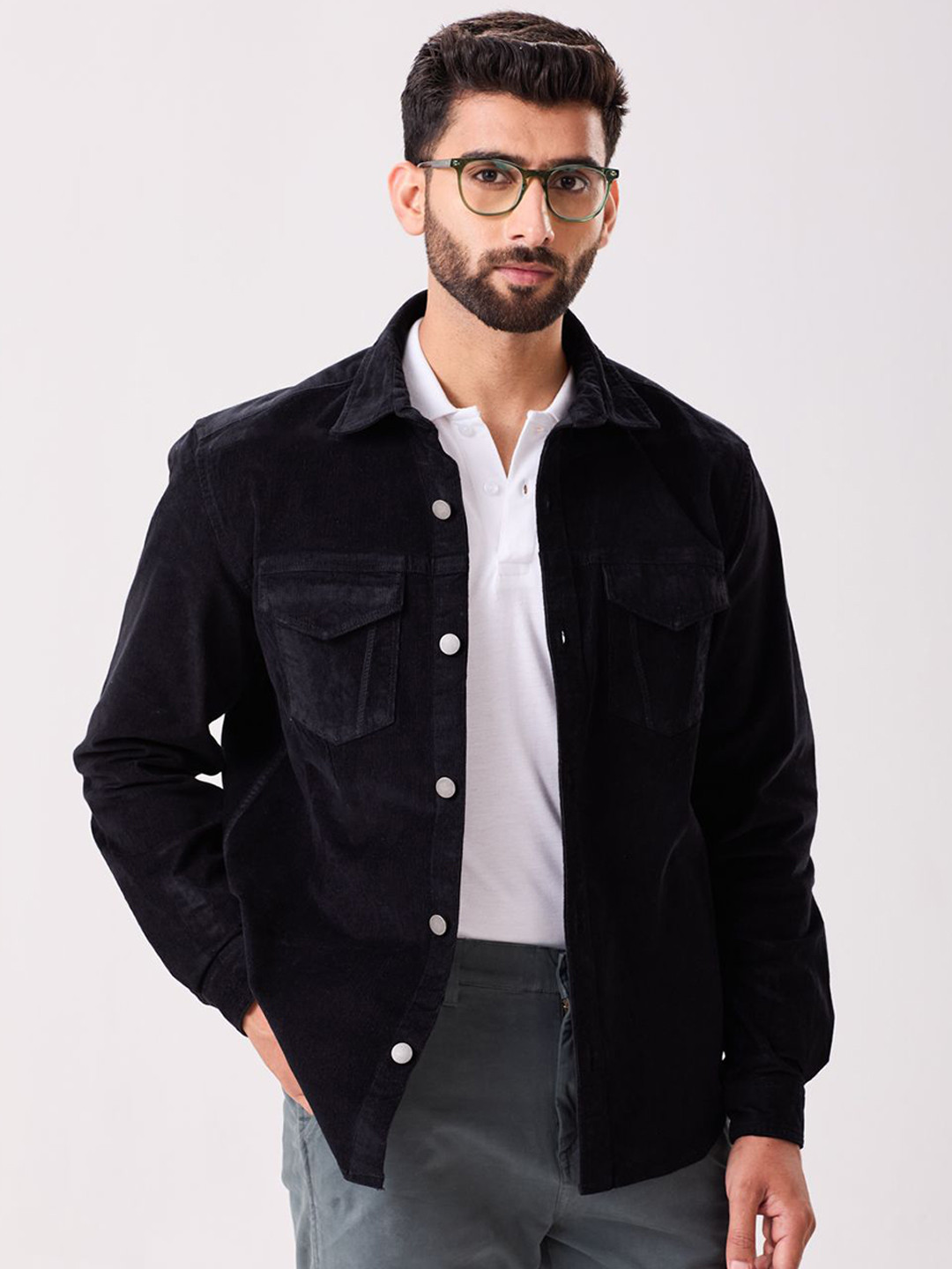 MH&Y Men Camouflage Corduroy Solid Denim Jacket