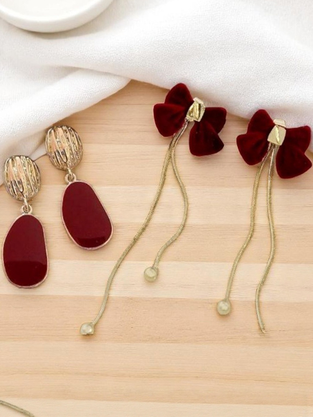 VAGHBHATT Women Pack Of 2 Red Bow Drop Earrings and Classic Stone Drop Earrings