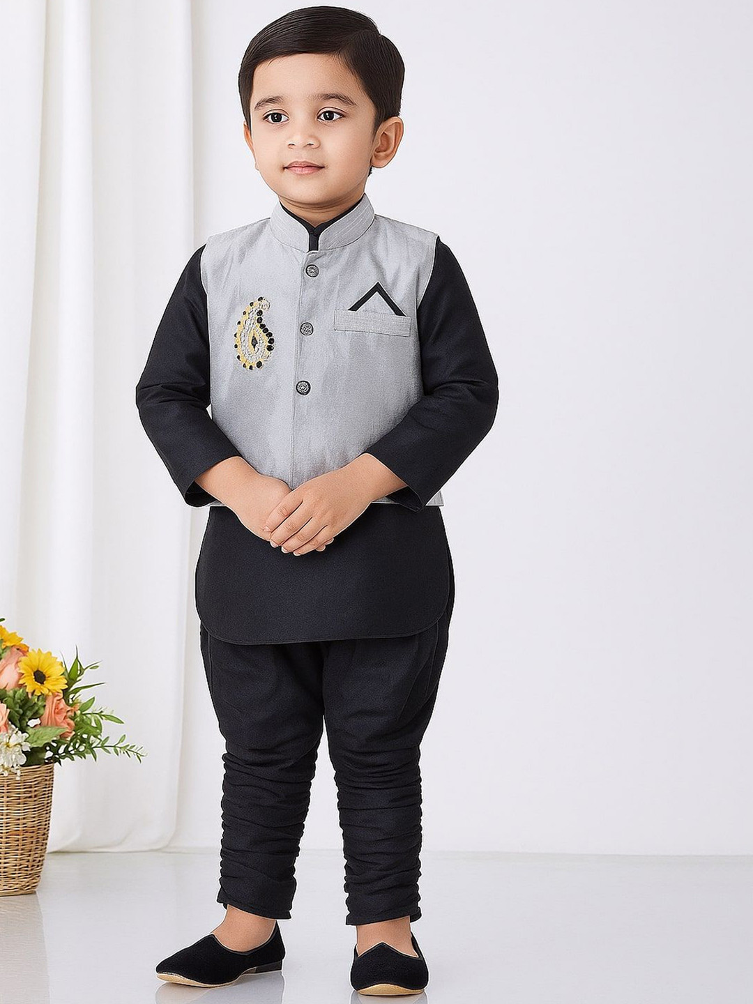 Covetus Boys Regular Kurta With Embellished Nehru Jacket and Churidar