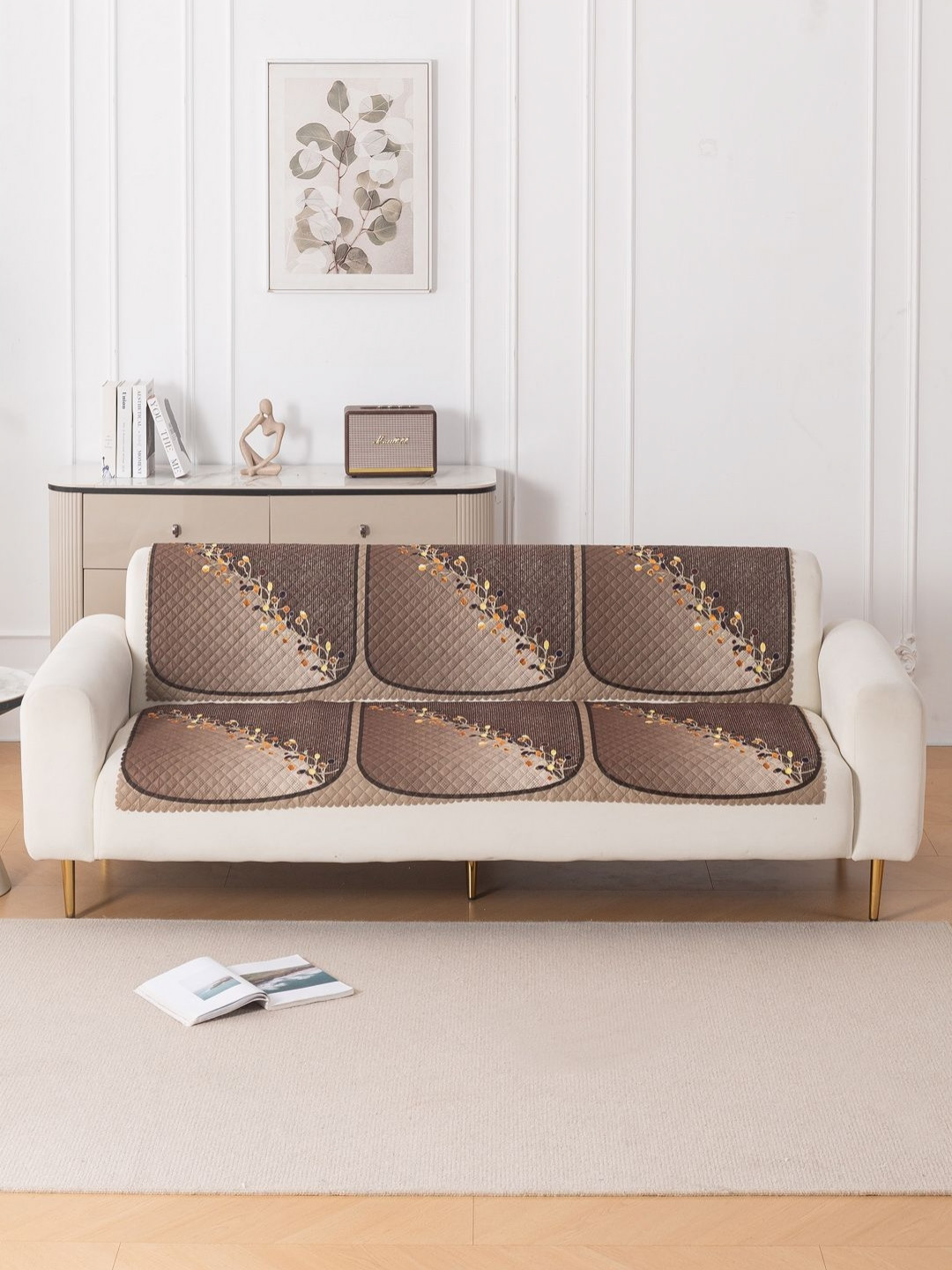 HOKIPO LoomVerse Brown & Beige 2 Pieces Printed 3 Seater Sofa Covers