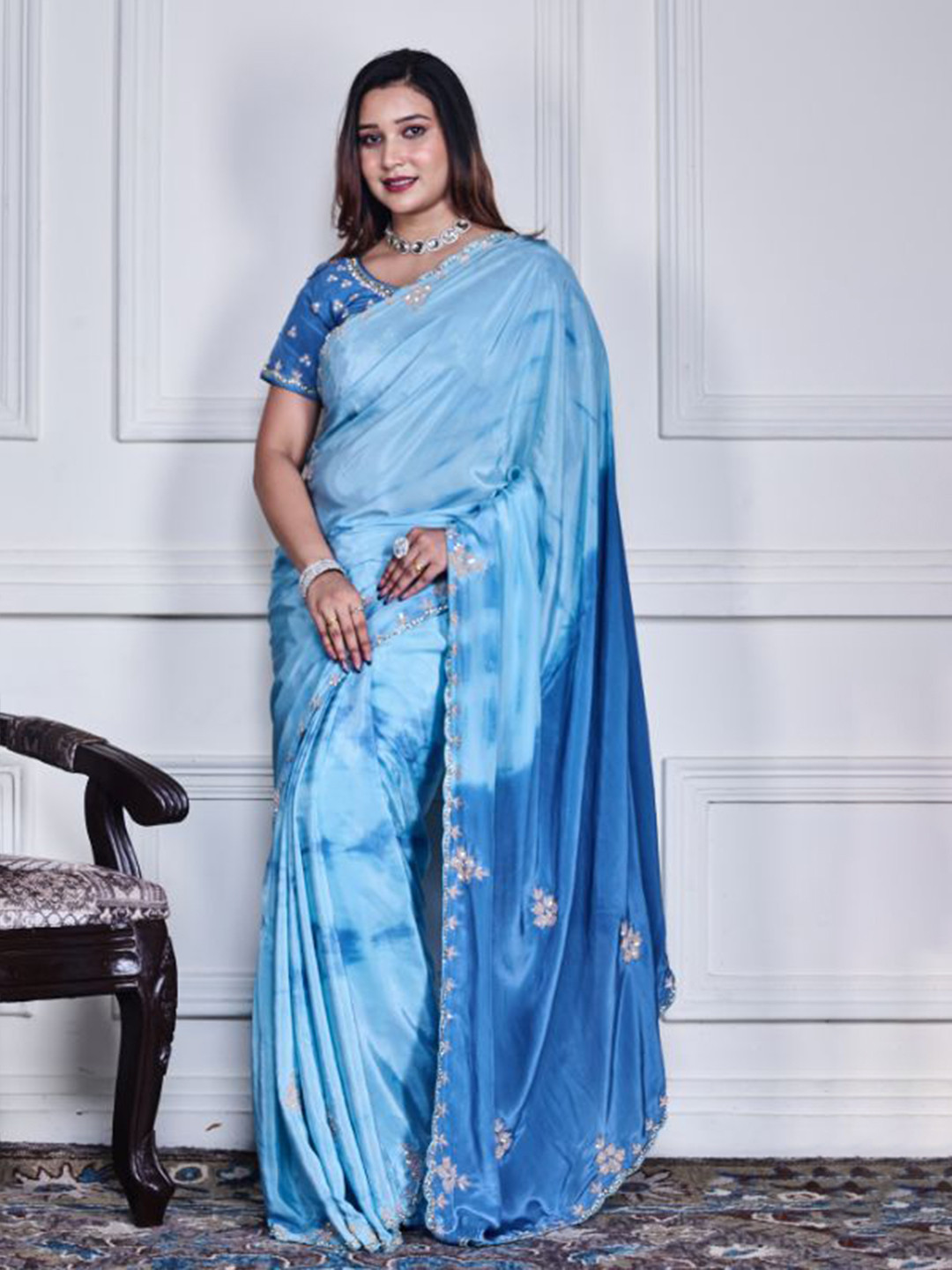 Morchari Sky Blue Pure Crepe Embroidered Saree and Stitched Blouse