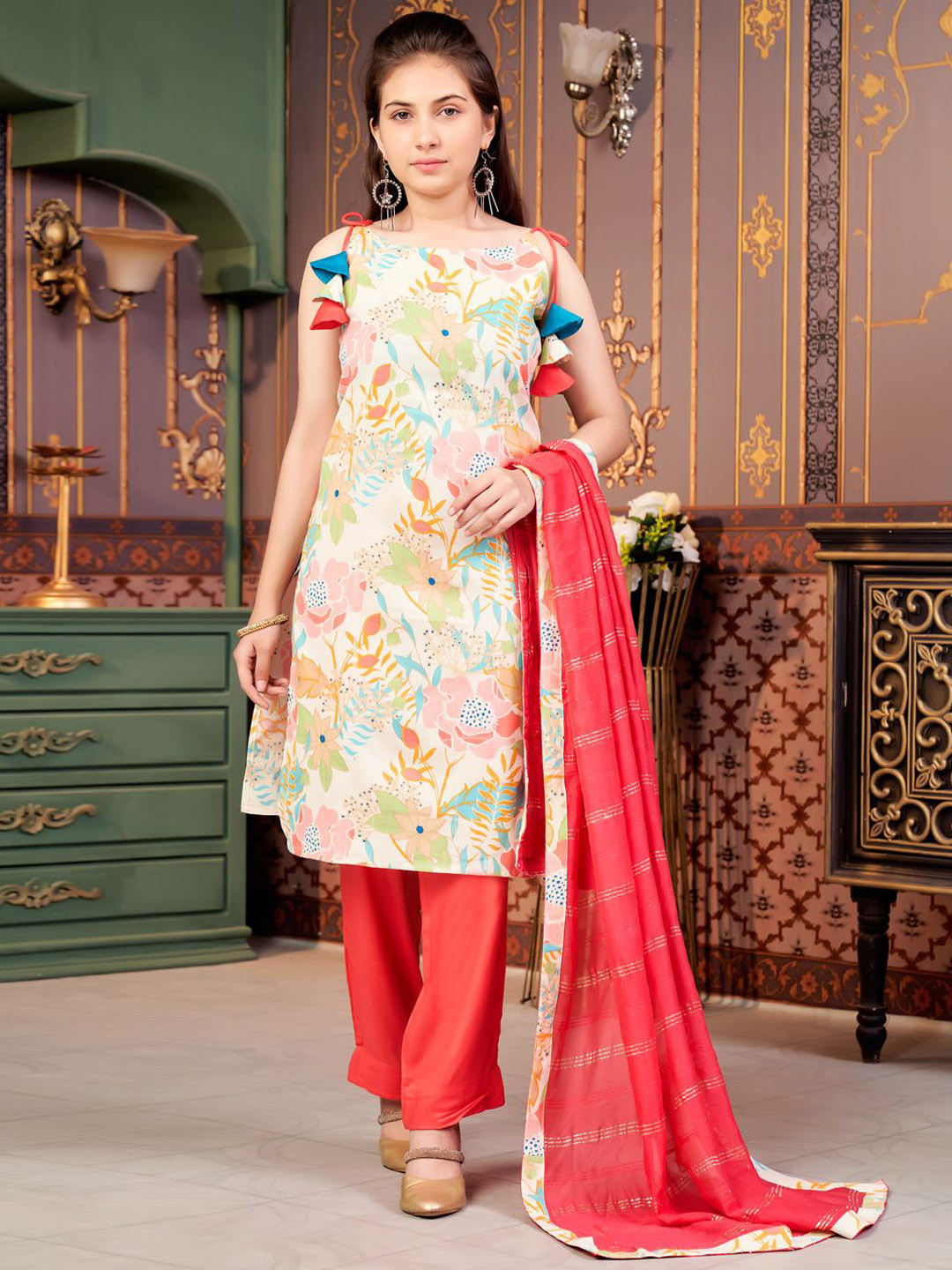 BAESD Girls Floral Print Khadi Cotton Kurti Pant Set