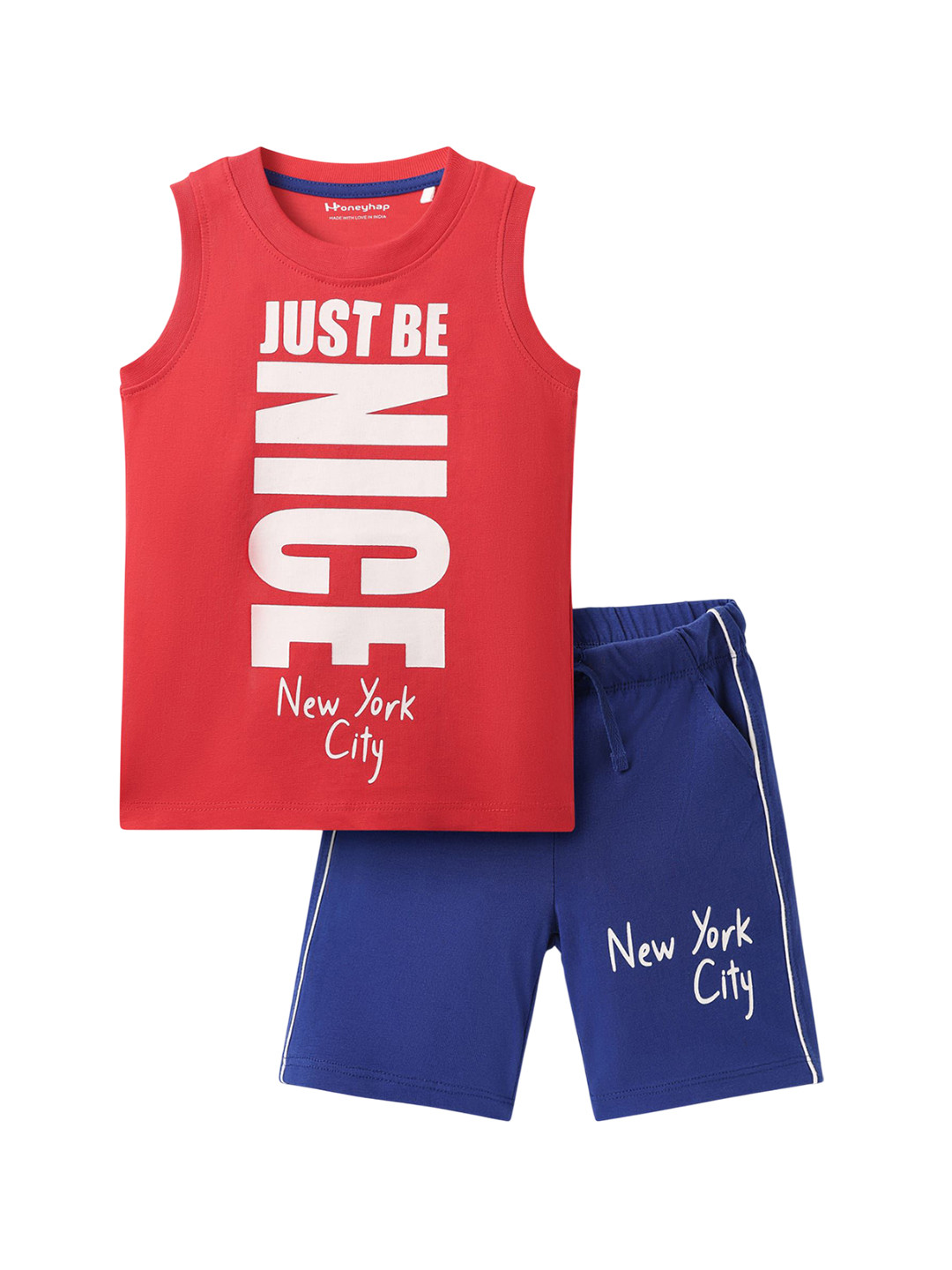 Honeyhap Boys Text Printed Pure Cotton Sleeveless T-Shirt & Short Night Suits