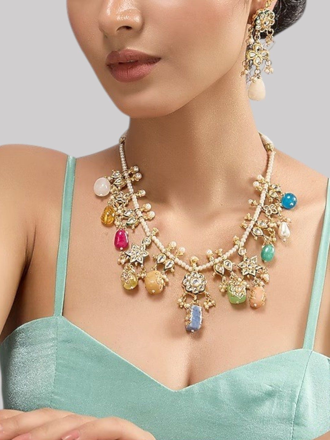Handcrafted Multi-Stone Kundan Necklace Set with Earrings for Women