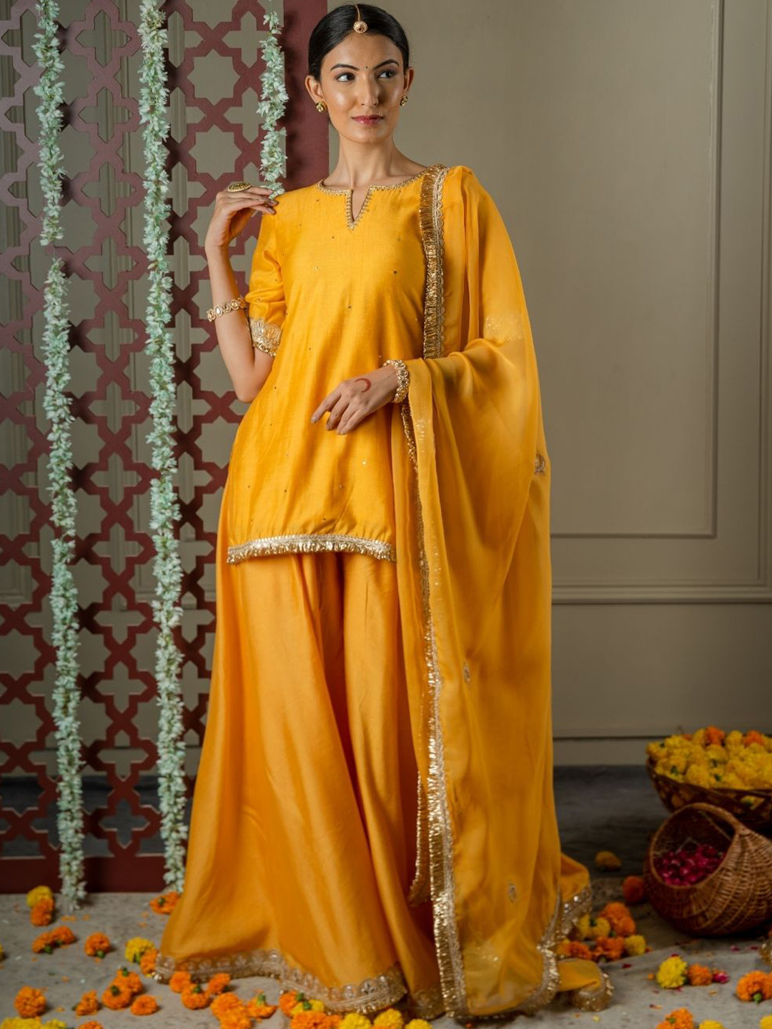 SHOP GULMOHAR Women Regular Sequinned Kurti with Sharara & Dupatta