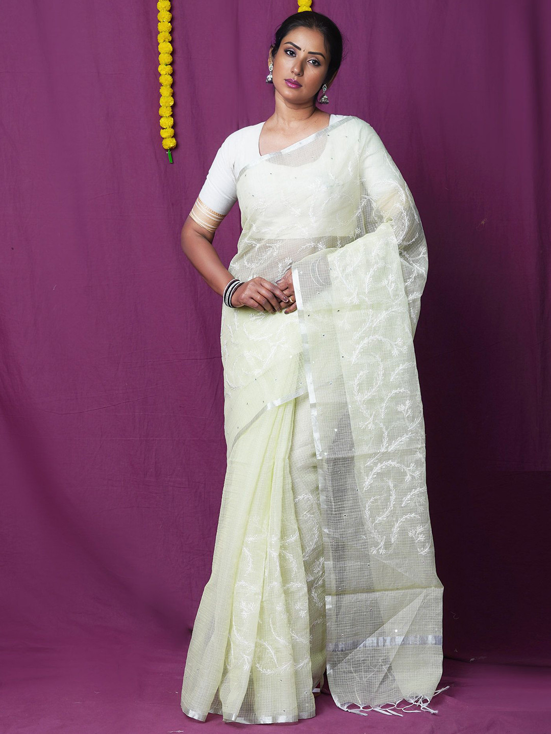 Unnati Silks Woven Design Embroidered Net Kota Saree With Unstitched Blouse Piece