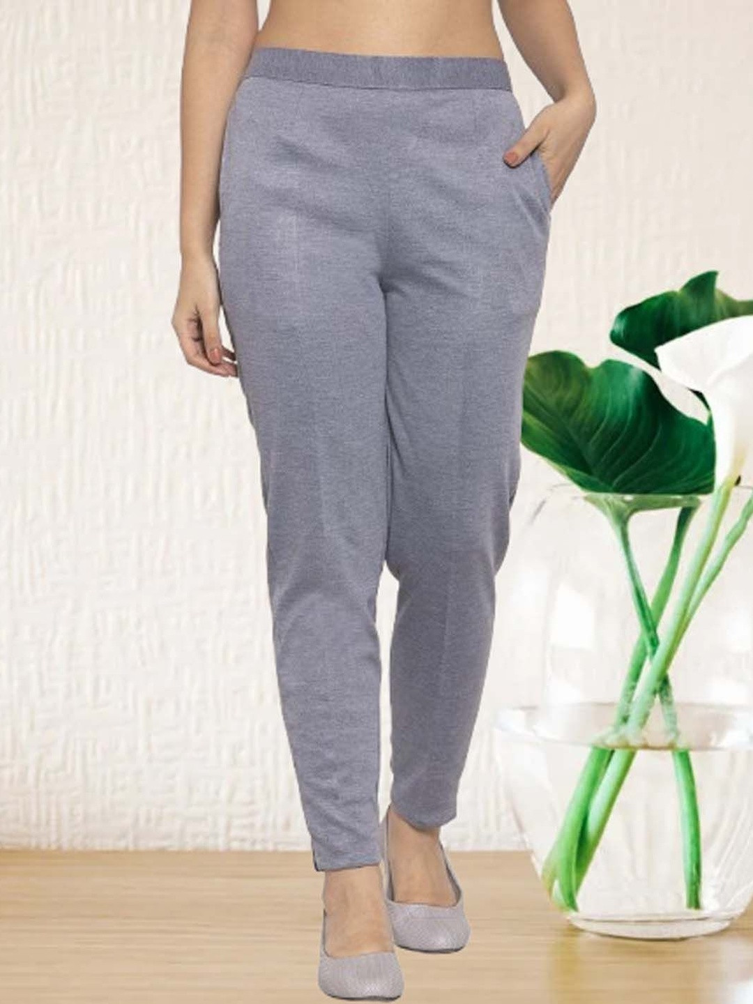 Trend Level Women Grey Cotton Casual Mid-Rise Relaxed Fit Solid Trousers