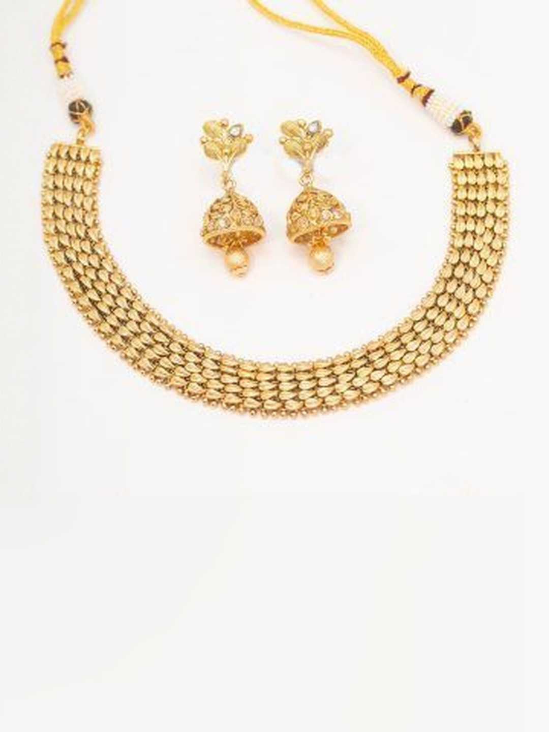 festivjewelleryze Gold-Plated Stone Studded Beaded Choker Necklace with Jhumka Earrings