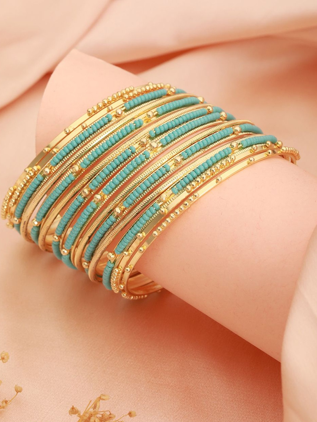 Anouk Women Set of 12 Gold-Plated Aqua Blue Stone-Studded & Beaded Bangle Set