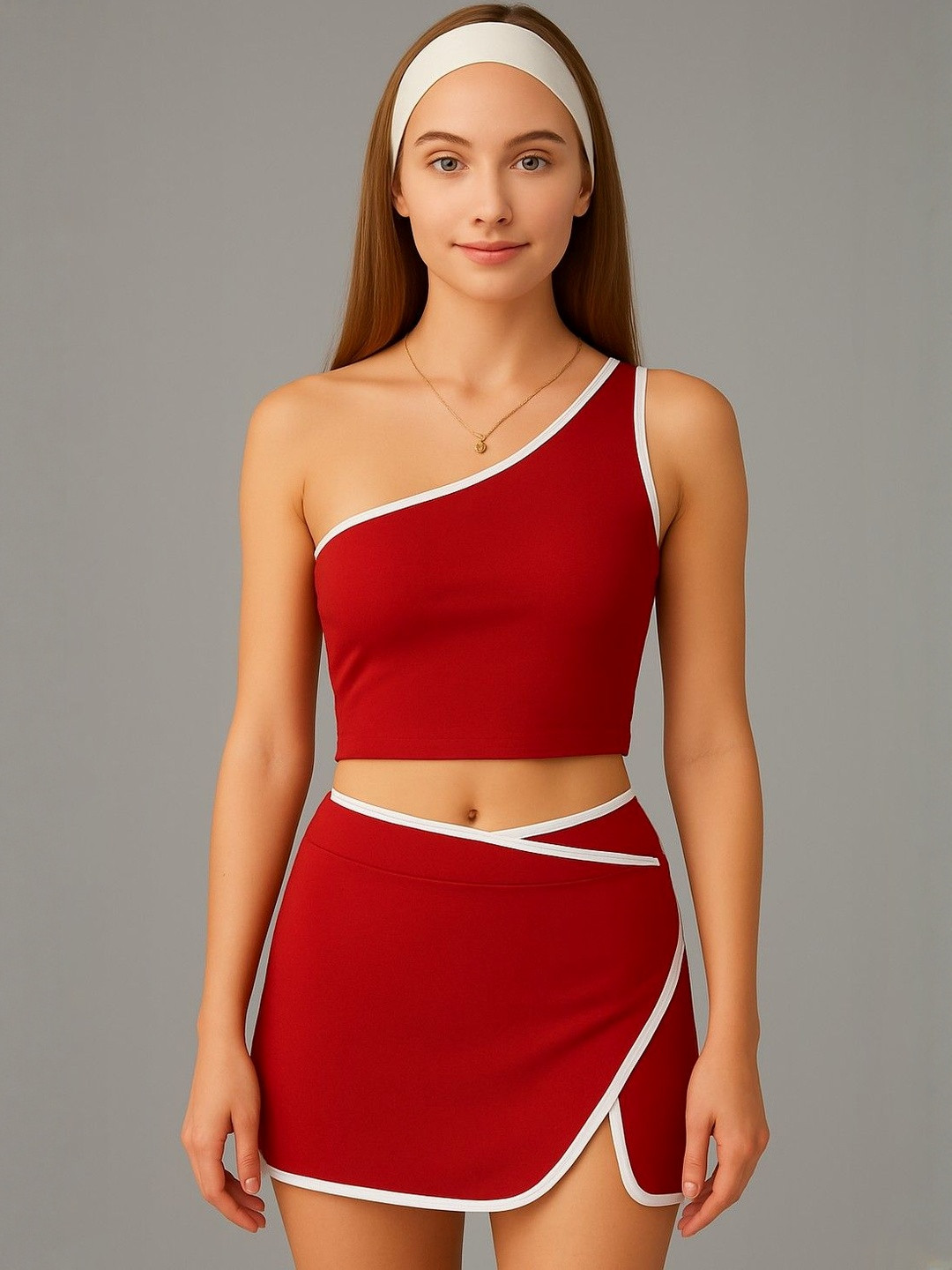 SZN Women Red One-Shoulder Crop Top & Skirt Co-ord Set