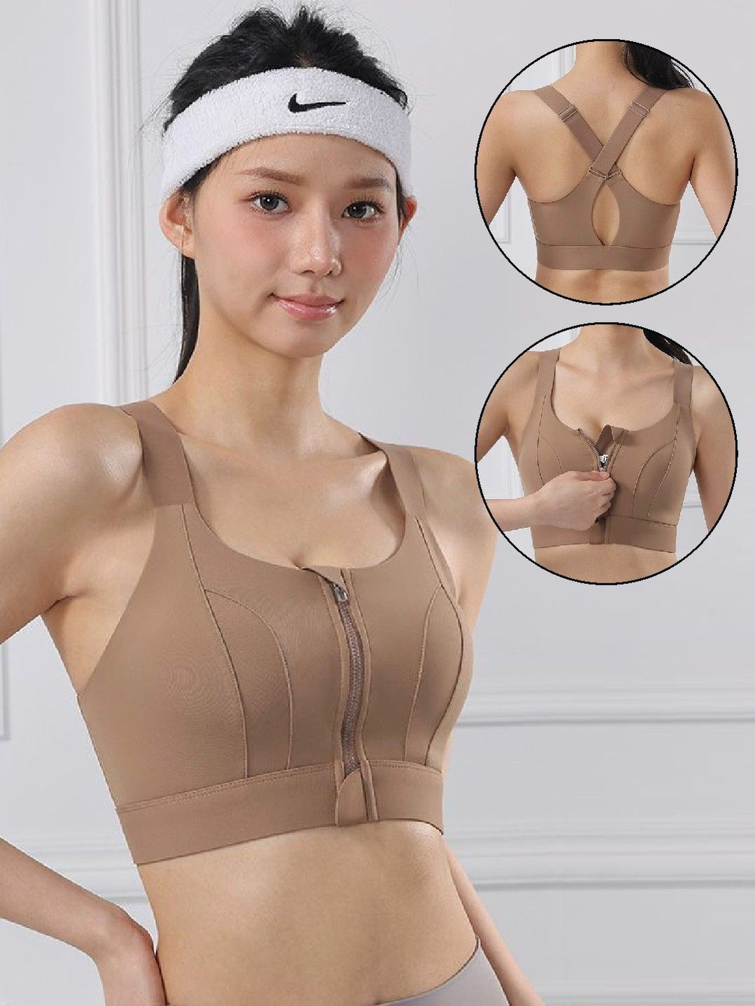 PIFTIF Women Brown Full Coverage Lightly Padded Zipper Sports Bra