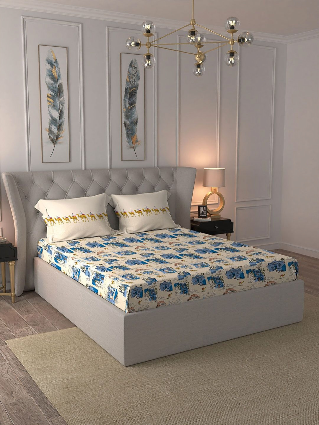 MYTRIDENT Multicoloured 144 TC King Cotton Bedsheet with 1 Pillow Cover