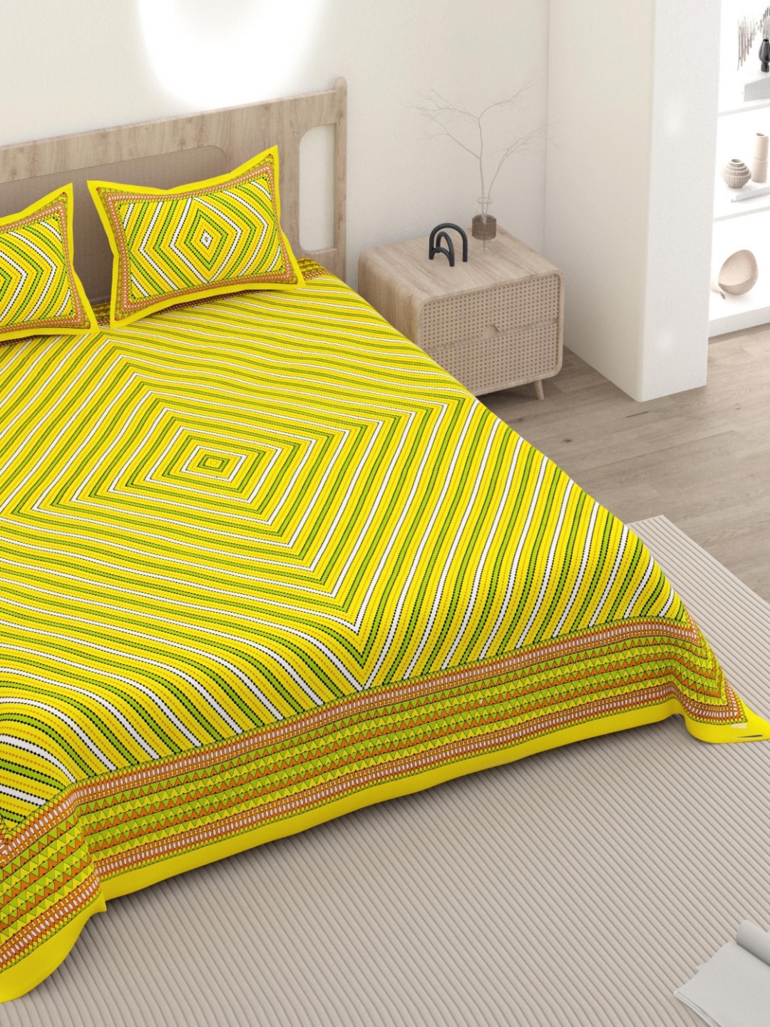 Lali Prints Yellow Jaipur Cotton 180 TC Queen Size Bedsheets With 2 Pillow Cover