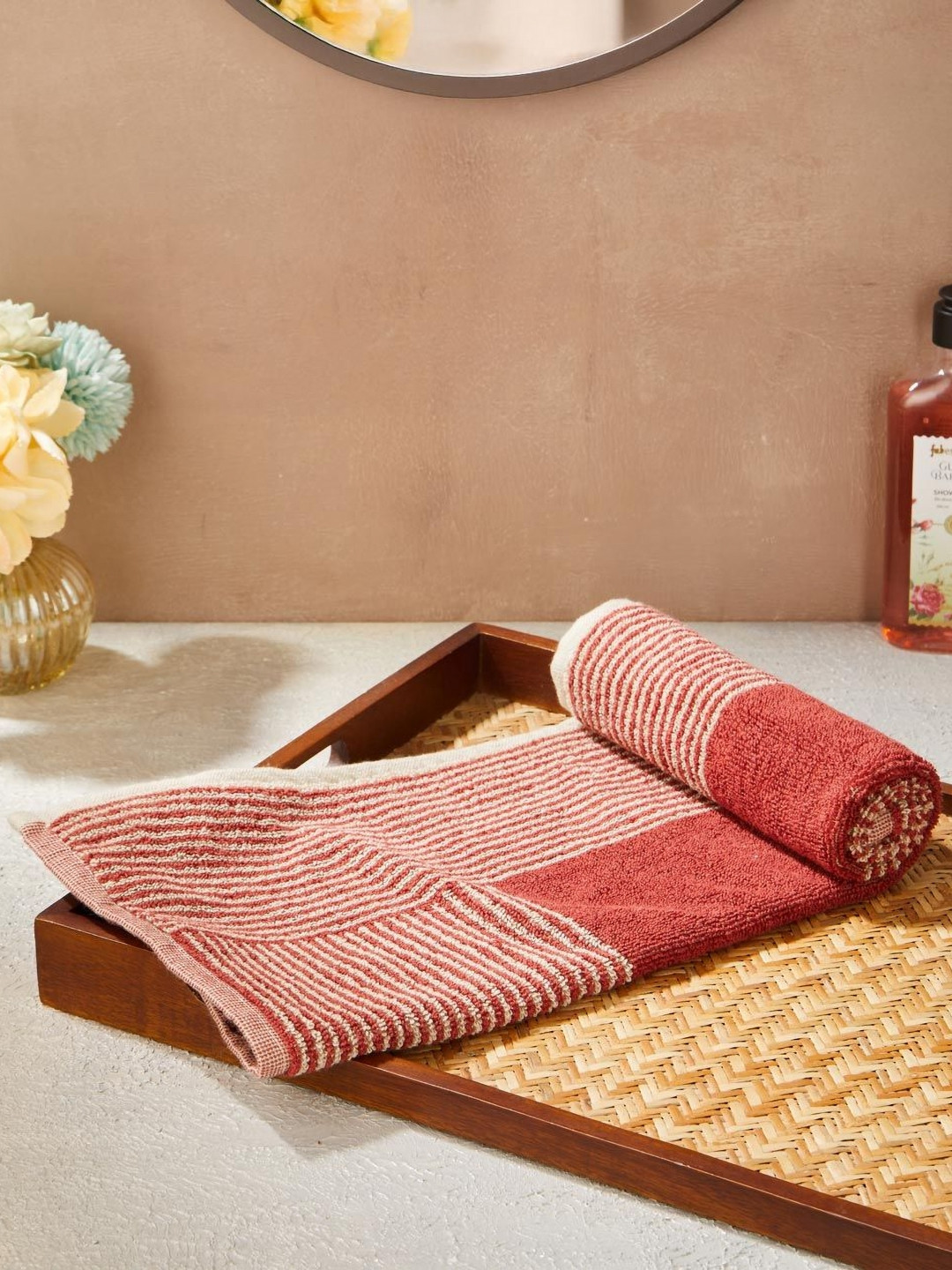 Fabindia Ladder Red & White Striped Cotton 570 GSM Bath Towel