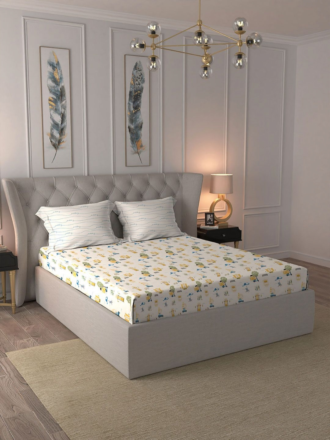 MYTRIDENT Multicoloured 144 TC King Cotton Bedsheet with 1 Pillow Cover