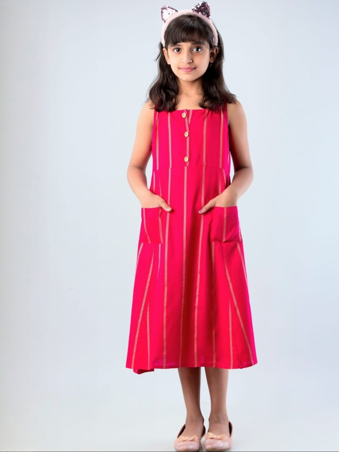 DMP FASHION Girls Pink Striped Round Neck Cotton Casual A-Line Kurta