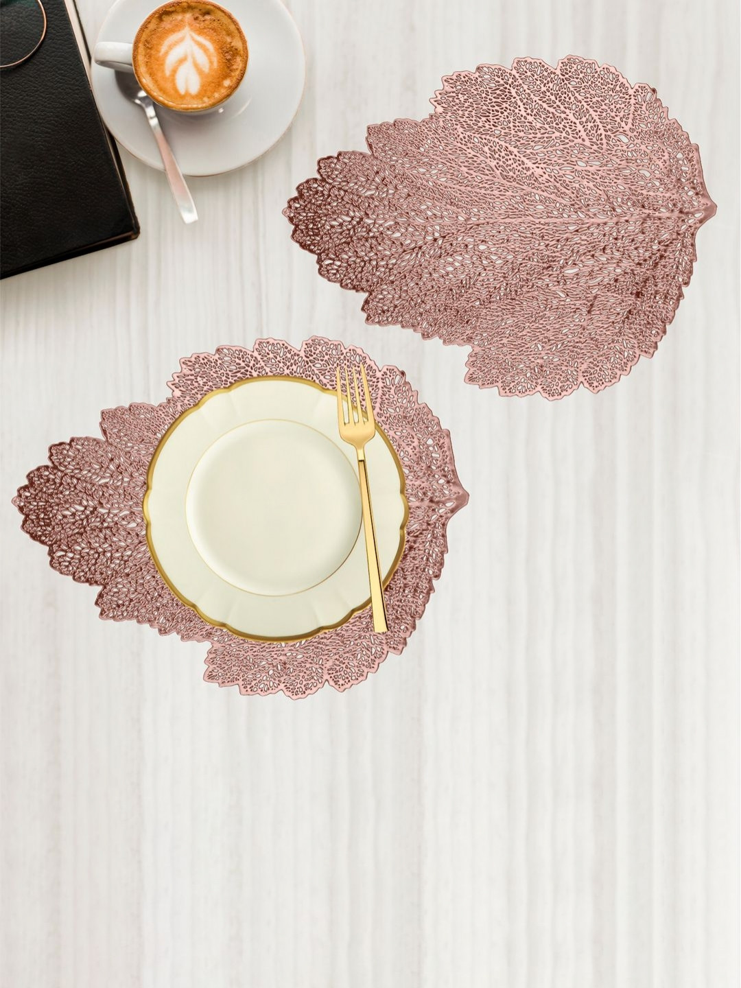 Aura Rose Gold-Toned 2 Pieces Self-Design Leather Patta Shape Table Placemats