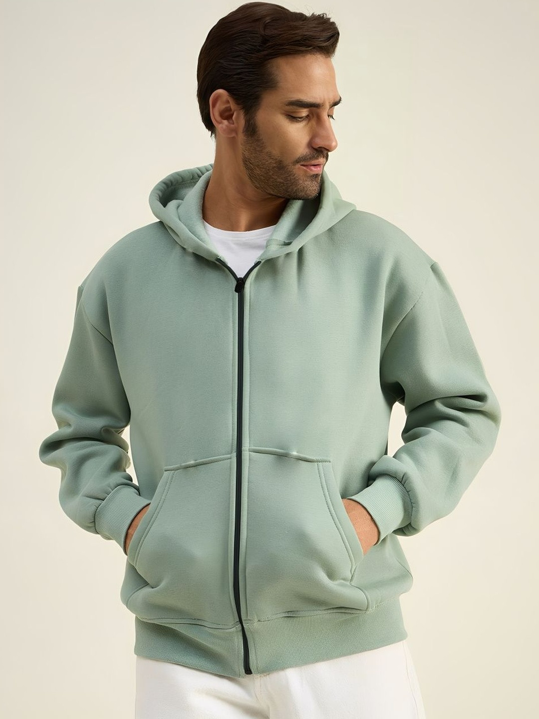 Moda Rapido Men Green Solid Fleece Hooded Open Front Jacket