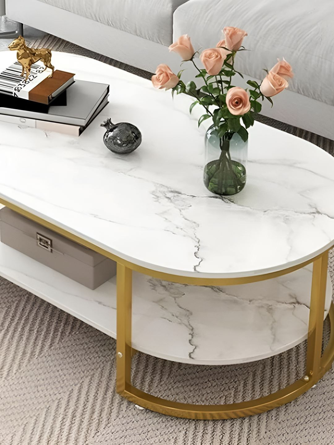 Rizik Store White& Yellow Textured Wooden Oval Coffee Table