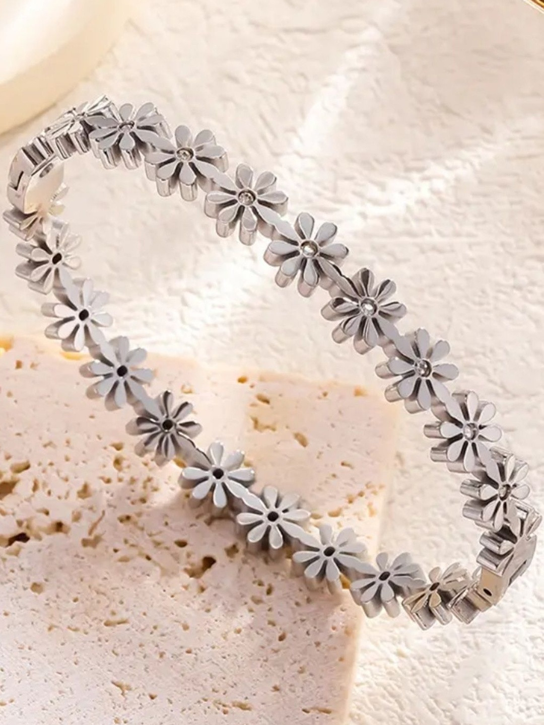 V FASHION JEWELLERY Stainless Steel Silver-Plated Stones Studded Bangle-Style Bracelet