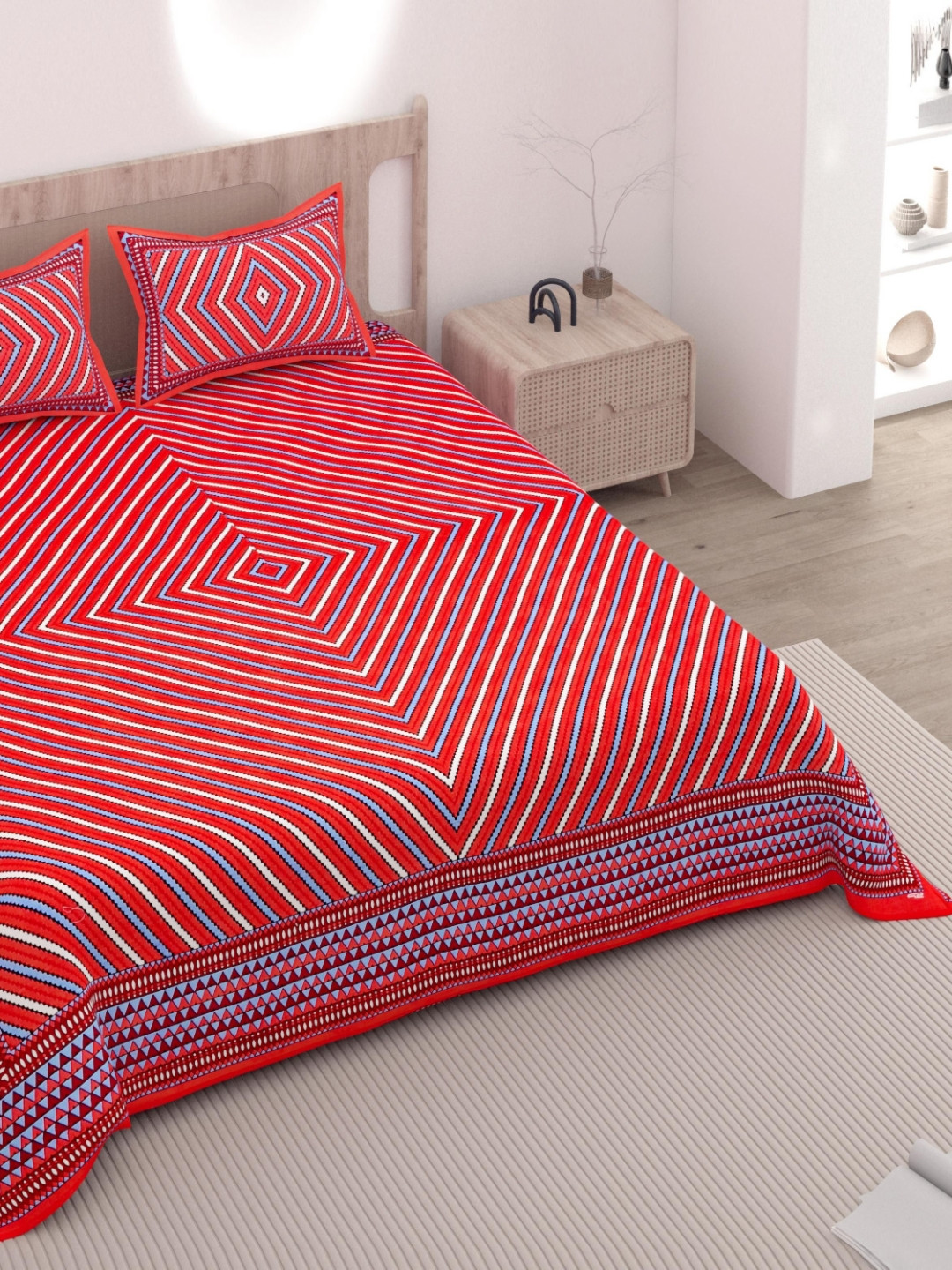 Lali Prints Red Geometric 180 TC Queen Bedsheet with 2 Pillow Covers