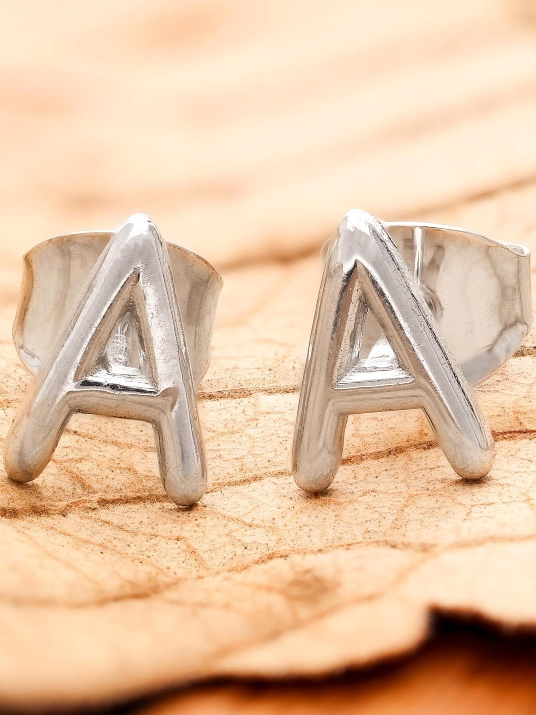 AMONROO 925 Sterling Silver Rhodium-Plated A Initial Shaped Studs Earrings